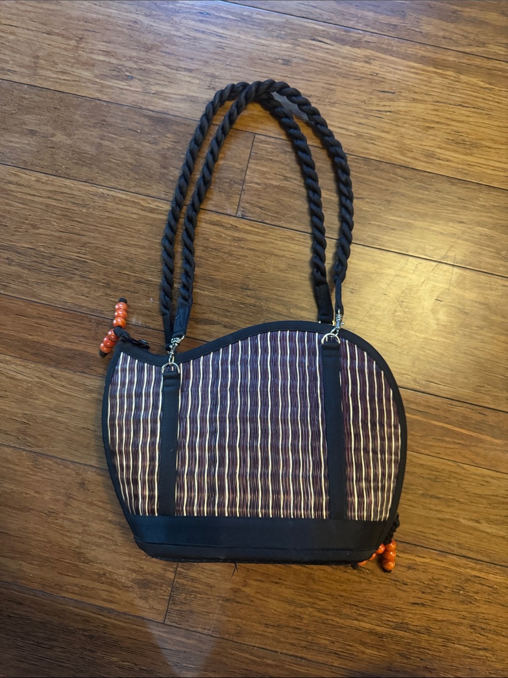 Handwoven Striped Shoulder Bag in Brown, Orange and Black